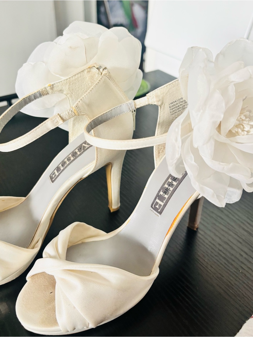 White by Vera Wang Ivory Satin Peep-Toe Heels with Floral Accent